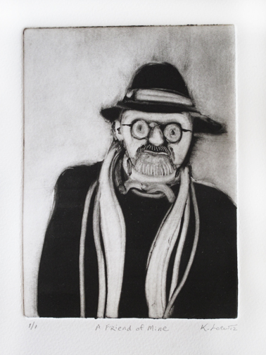 artist Karen Loew, artist KLoew monotype print "A Friend of Mine" at Salmagundi Club, Black & White theme show, January 23 through February 10, 2012